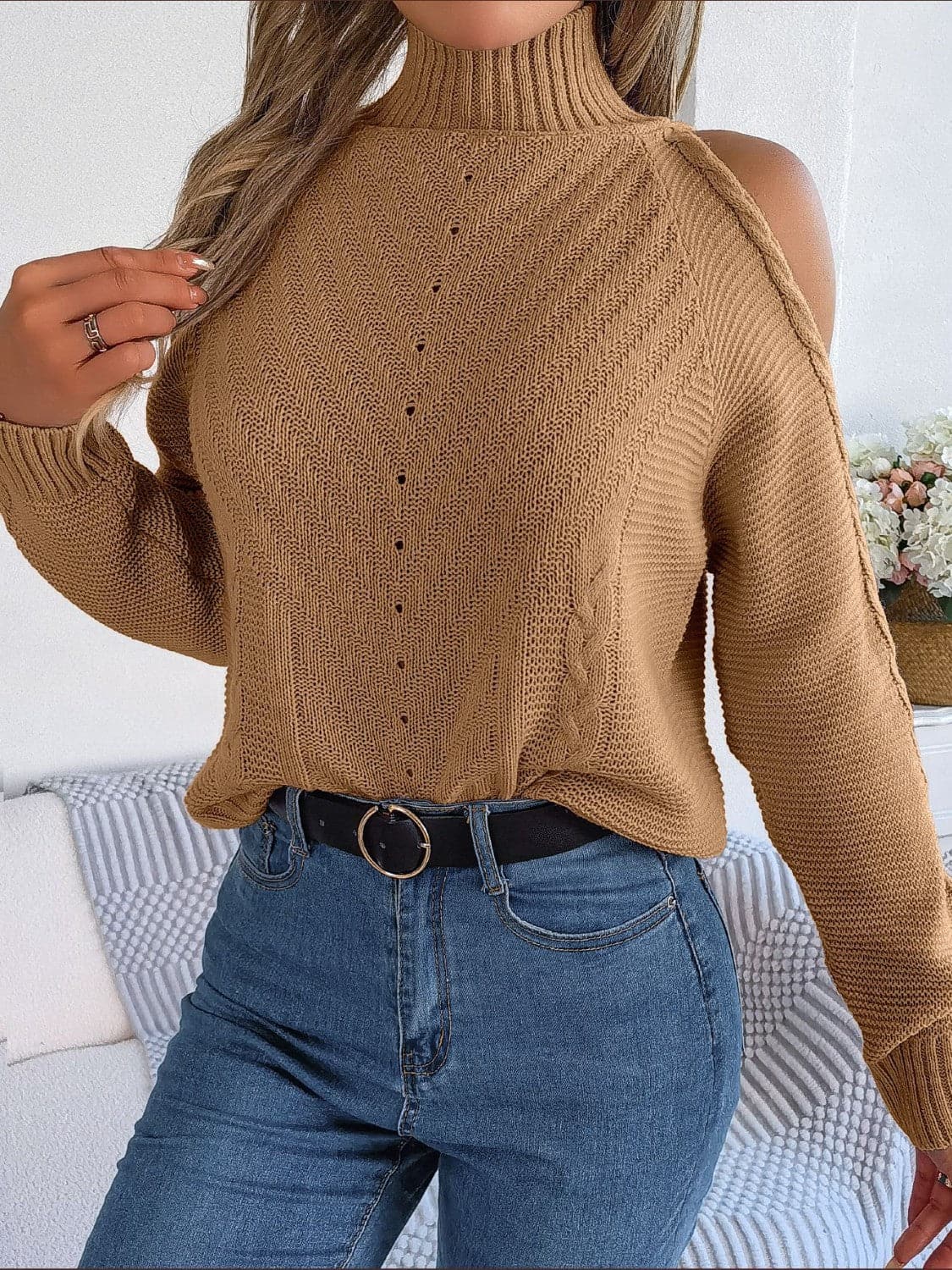 Cable-Knit Turtleneck Cold Shoulder Sweater.