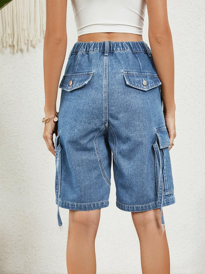 Buttoned Elastic Waist Denim Shorts with Pockets.