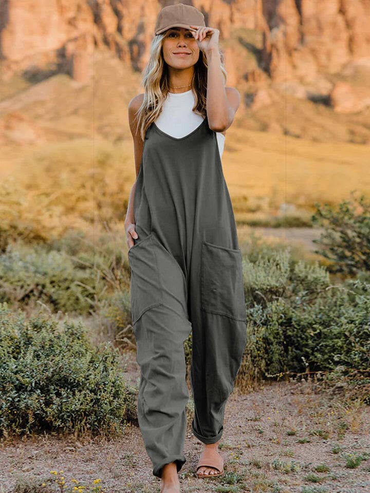 Double Take Full Size Sleeveless V-Neck Pocketed Jumpsuit.