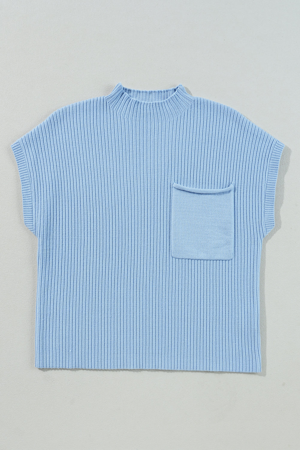 Beau Blue Ribbed Knit Short Sleeve Sweater with Pocket