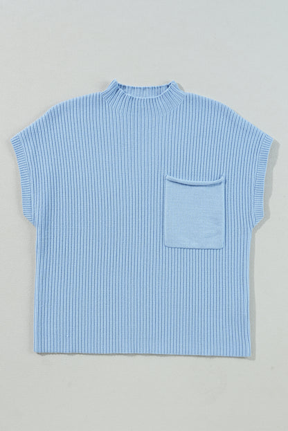 Beau Blue Ribbed Knit Short Sleeve Sweater with Pocket