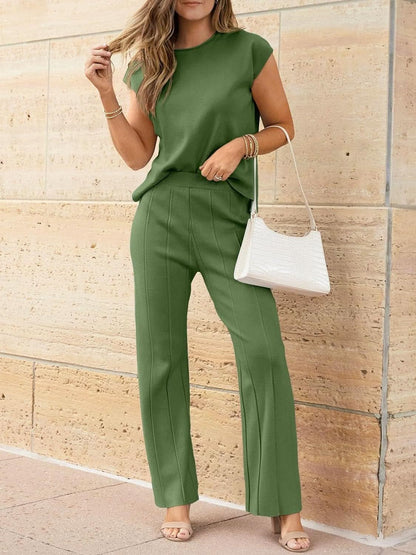 Cap Sleeve Knitted Top and Pant Set