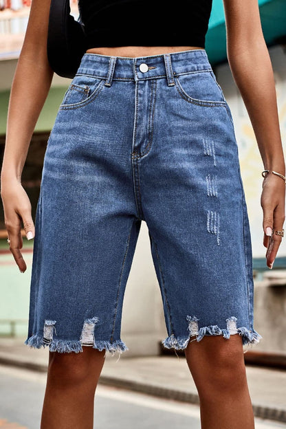 Raw Hem High Waist Denim Shorts with Pockets.