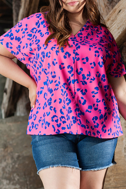 Chic rose and leopard print plus size V-neck blouse