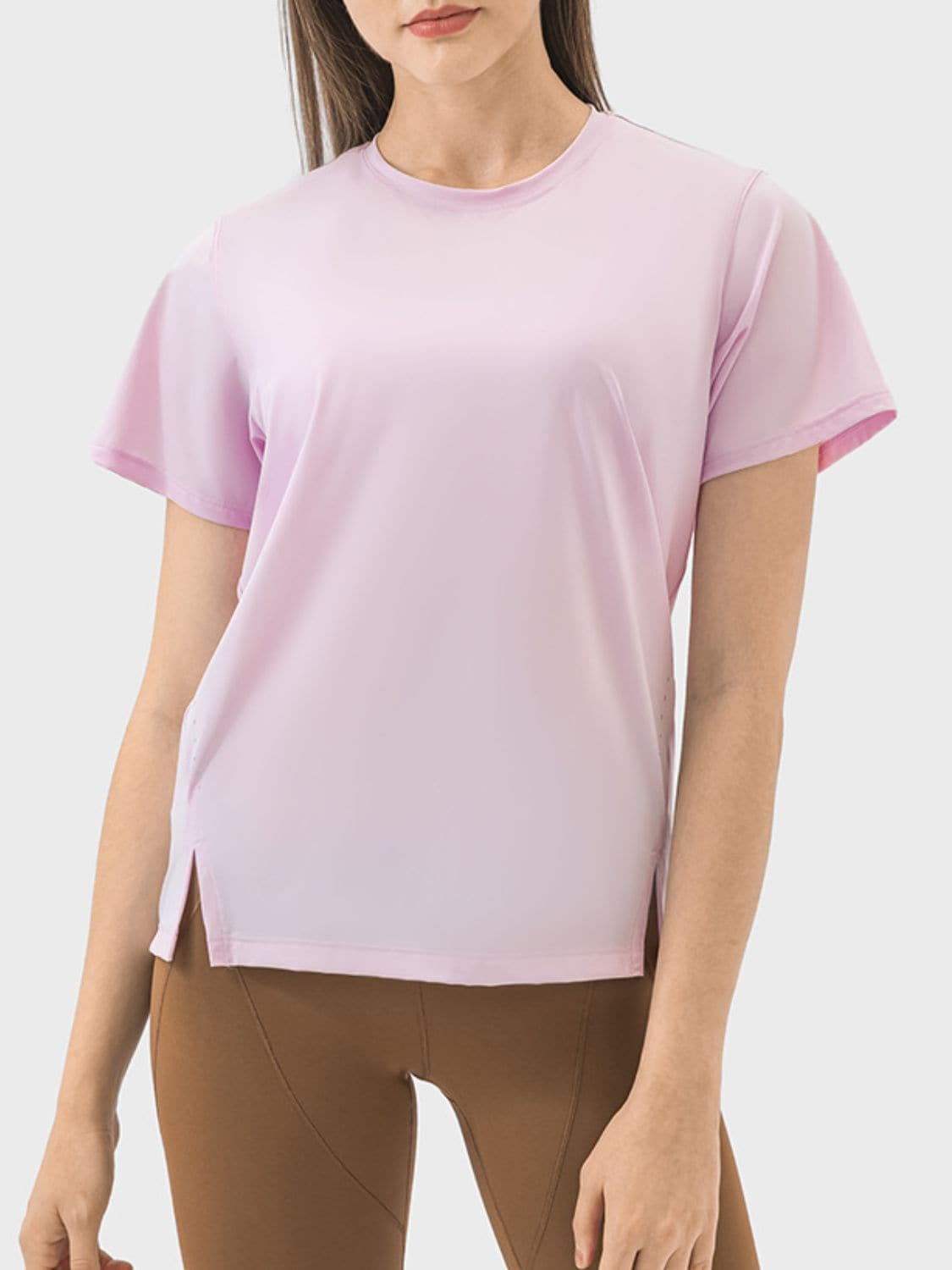 Slit Round Neck Short Sleeve Active T-Shirt.