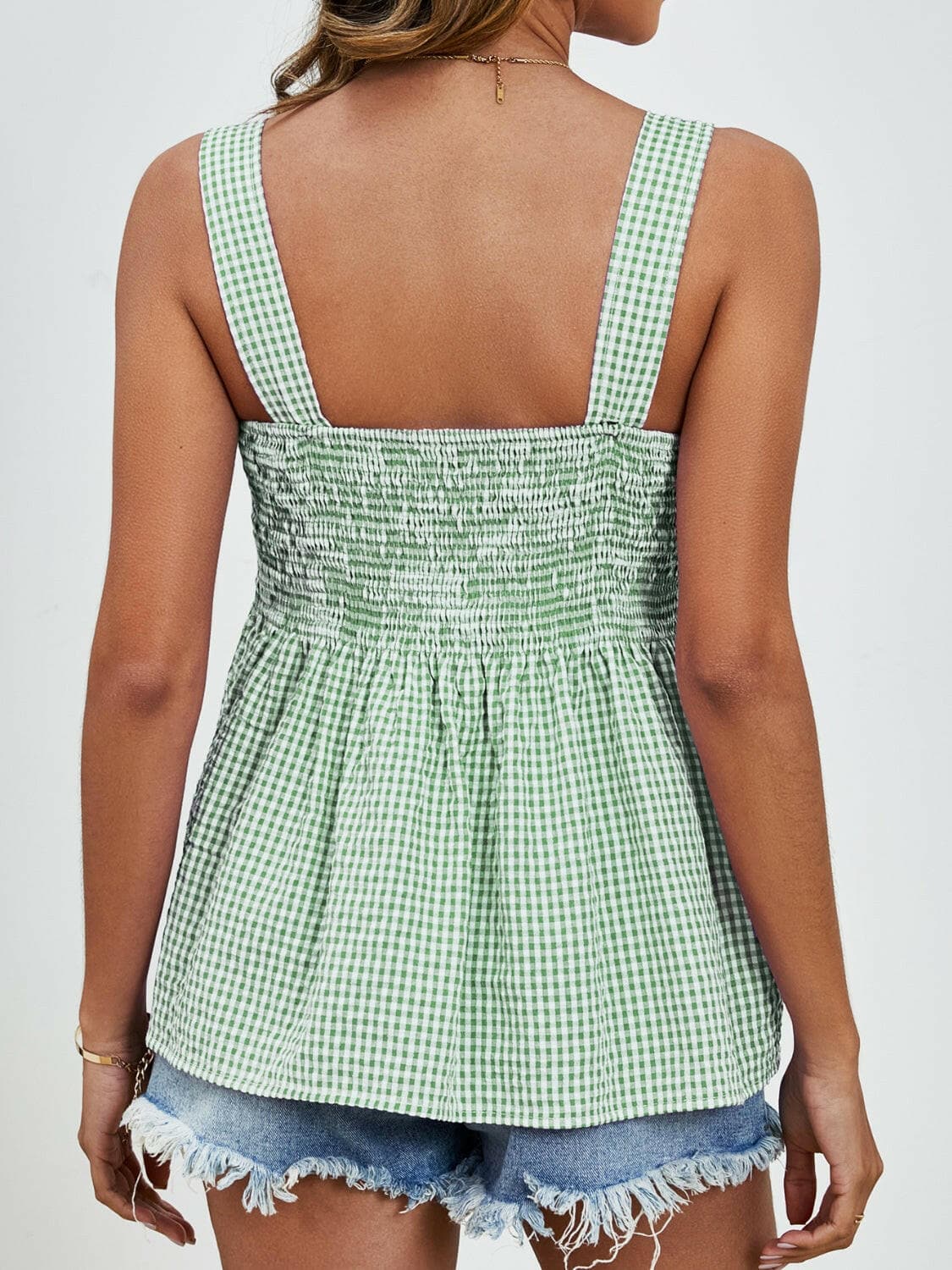 Smocked Plaid Square Neck Tank.