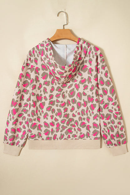 Rose Leopard Print Zip Up Hooded Sweatshirt Cozy Fashion