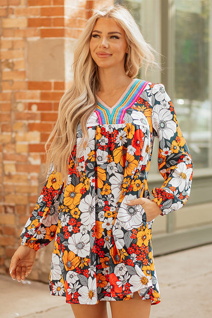 Orange Floral Print Lace V Neck Long Sleeve Mini Dress