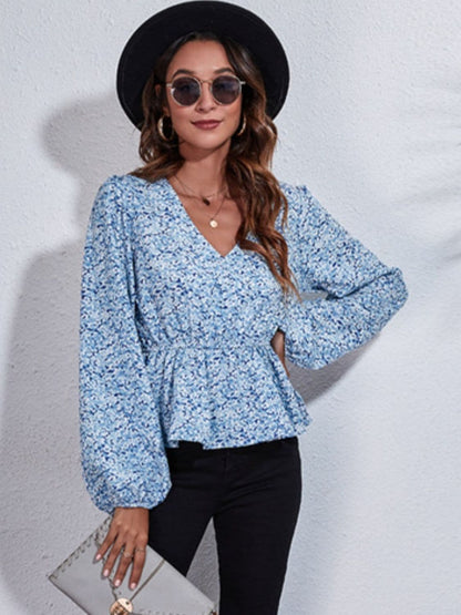 Ruched Printed V-Neck Long Sleeve Blouse.