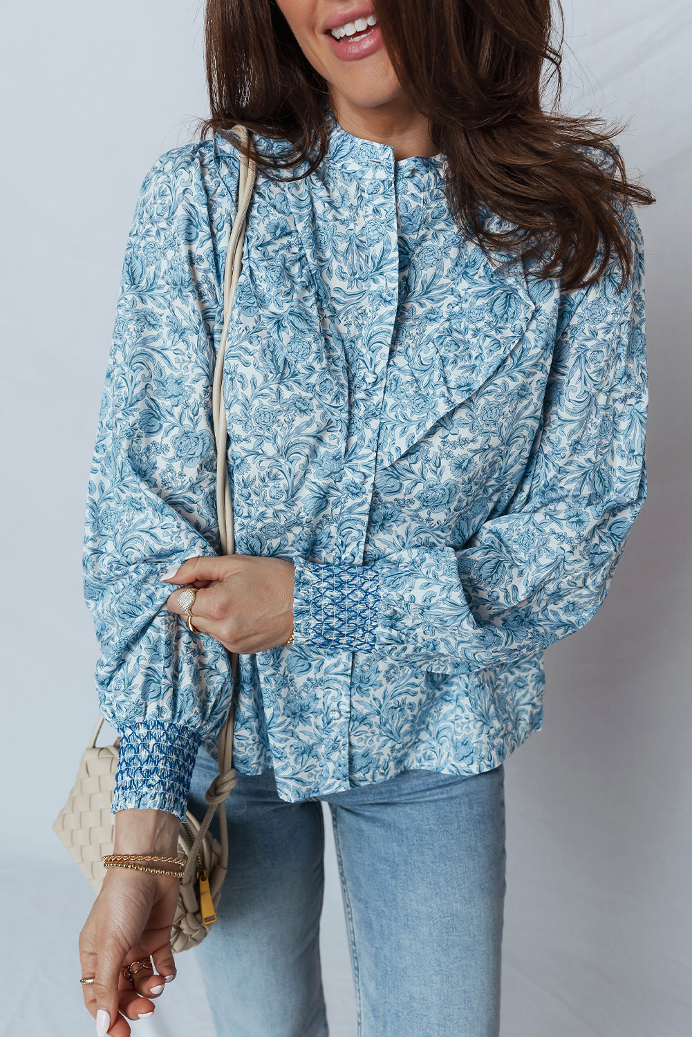 Premium Sky Blue All Over Floral Puff Sleeve Shirt For Women