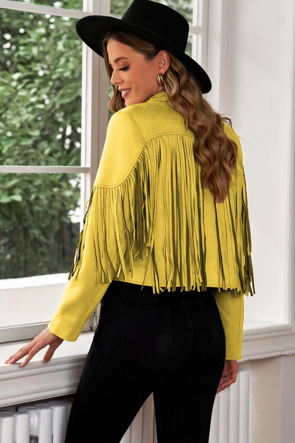 Fringe Trim Lapel Collar Cropped Blazer.