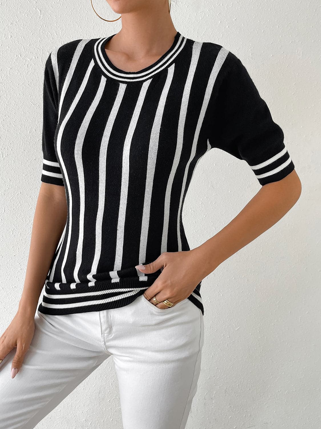 Striped Round Neck Half Sleeve Knit Top.