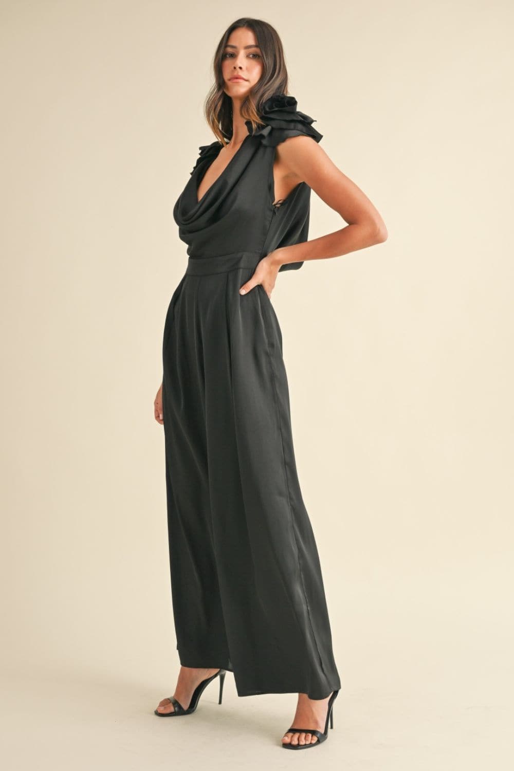 Satin elegance: 3D floral applique deep cowl neck jumpsuit