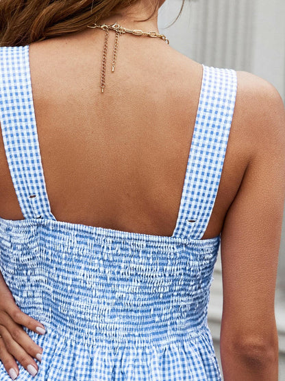 Smocked Plaid Square Neck Tank.