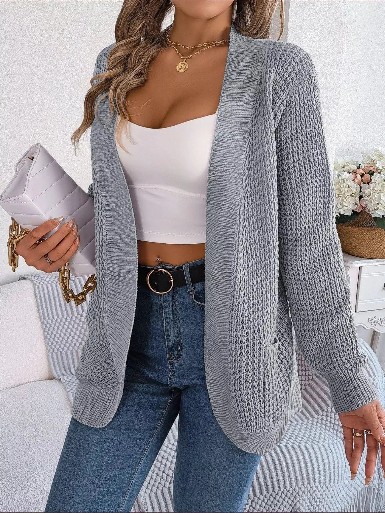 Chunky Knit Open Front Cardigan with Pockets Coco’s Tee Boutique