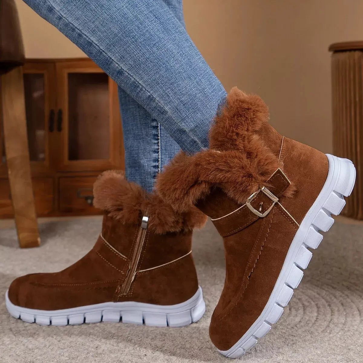 Fuzzy Trim Buckle Ankle Boots With Faux Fur Lining Simply Love
