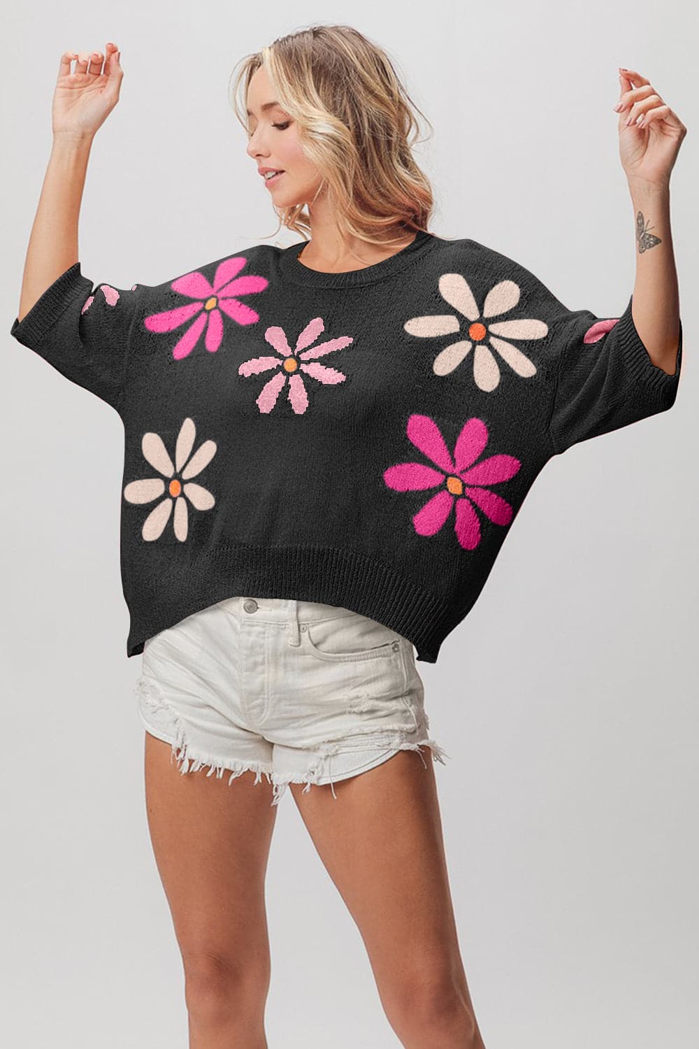 BiBi Floral Pattern Cropped Sweater.