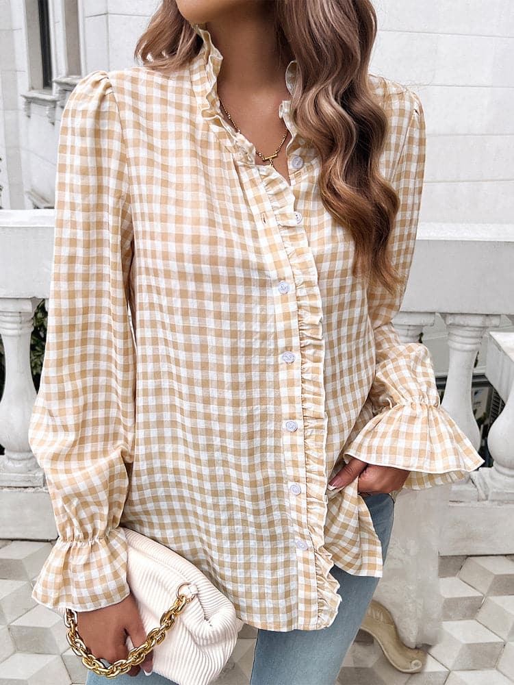 Frill Ruffled Plaid Long Sleeve Shirt.