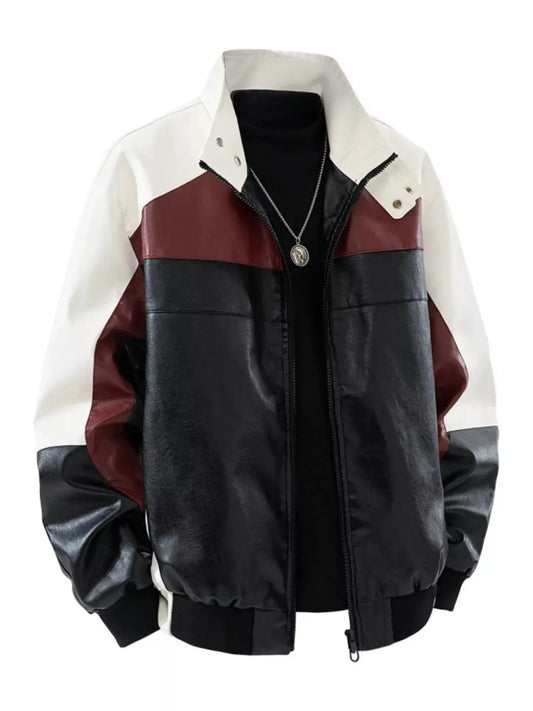 Men's Plus Size Color Block Faux Leather Bomber Jacket Simply Love