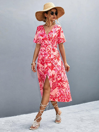 Floral Print High Slit Surplice Neck Tie Waist Midi Dress.