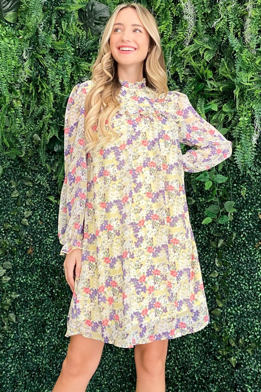 Floral mock neck dress with sleeves