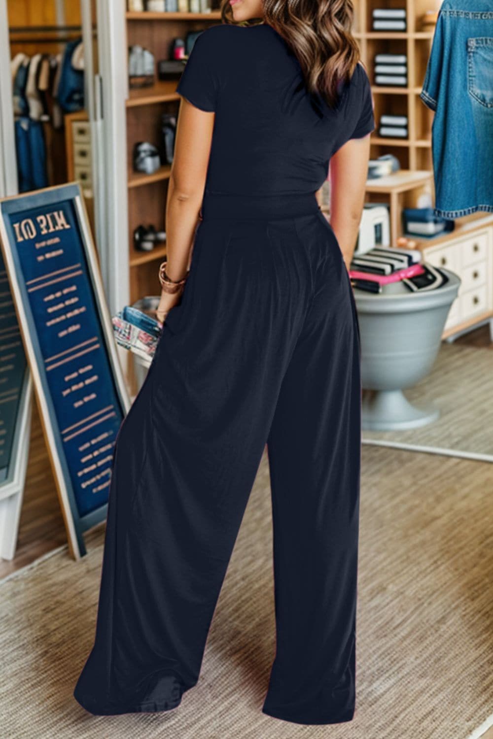 Short Sleeve Top and Wide Leg Pants Set.