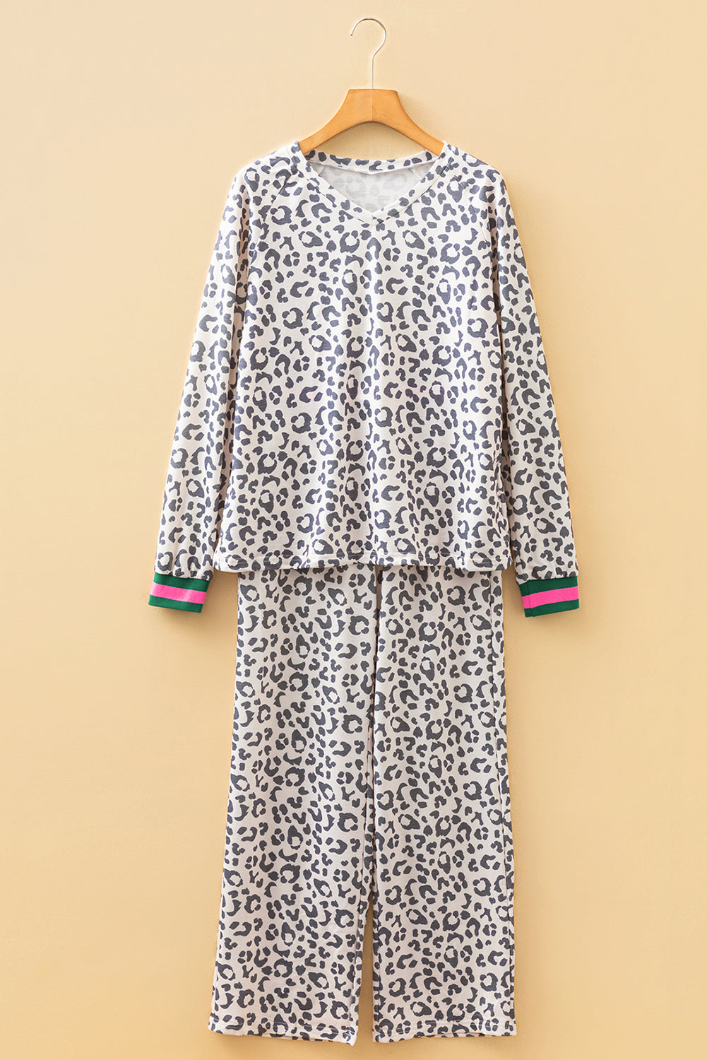 Gray Leopard Print V Neck Long Sleeve Top Patchwork Drawstring Pant Set Dear-Lover Dropshipping