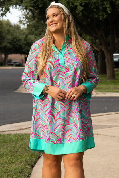 Chic green palm print plus size long sleeve shift dress