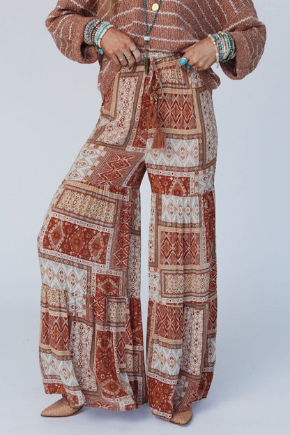 Boho tiered palazzo pants - brown Aztec print