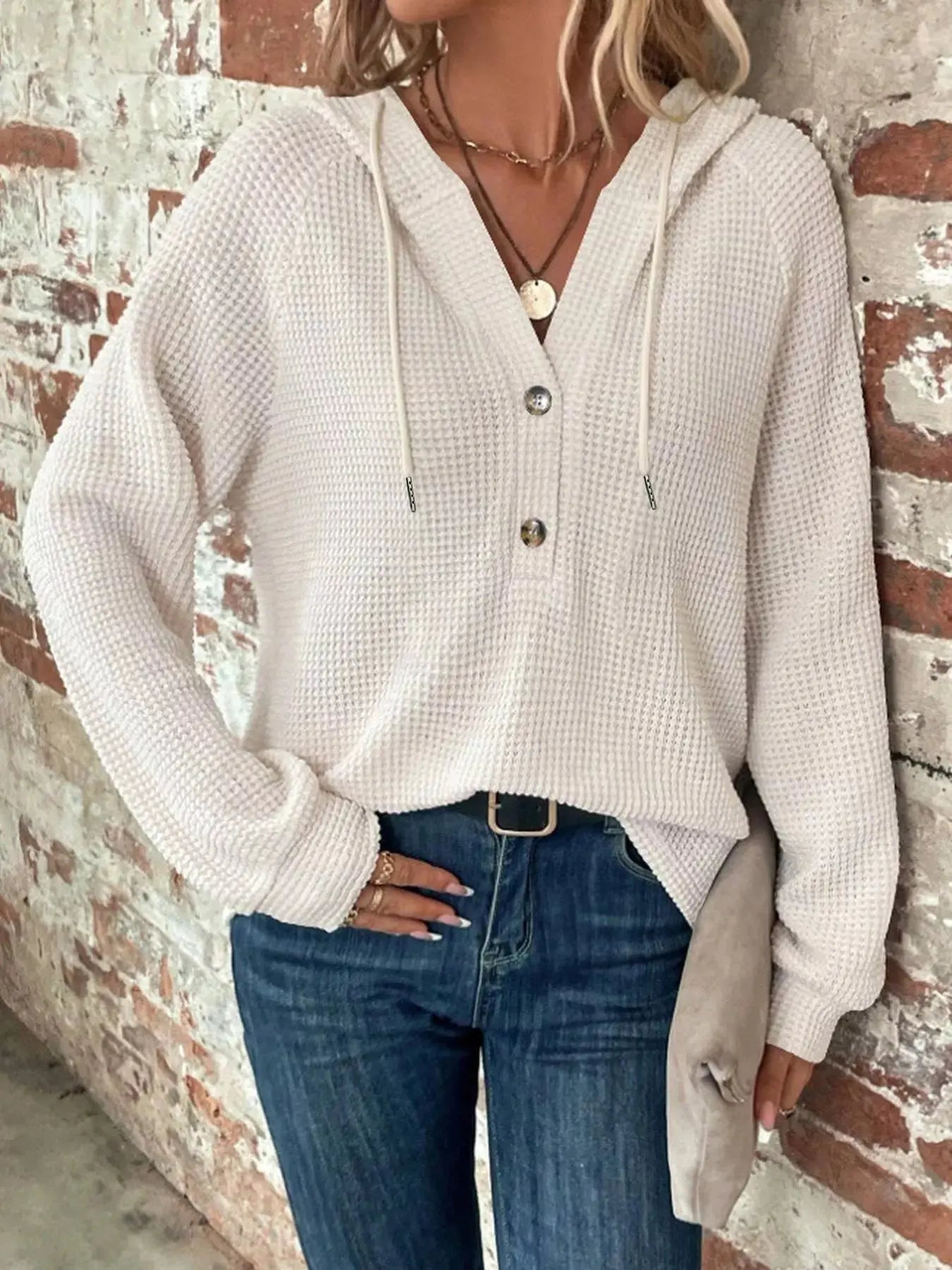 Waffle Knit Button Detail Hoodie Simply Love