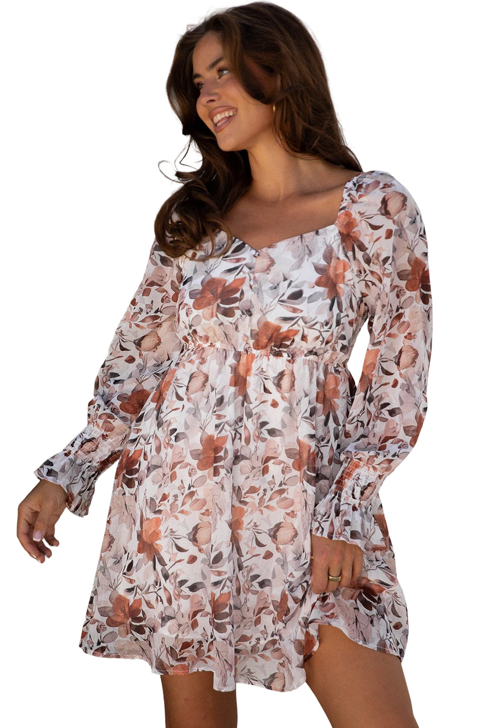 White Floral Print Sweetheart Neck Long Sleeve Mini Dress Dear-Lover Dropshipping