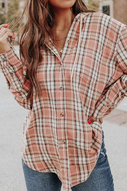 Plaid Drawstring Hooded Long Sleeve Top