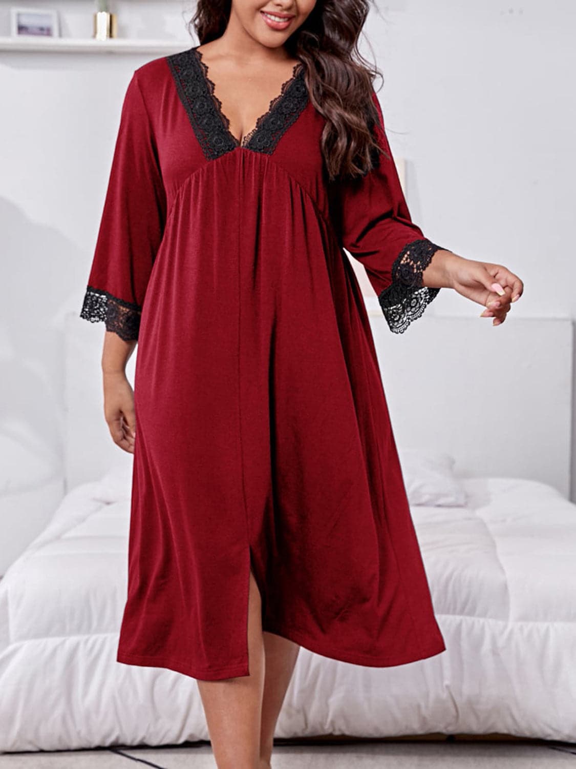 Plus Size Lace Detail V-Neck Lounge Dress.