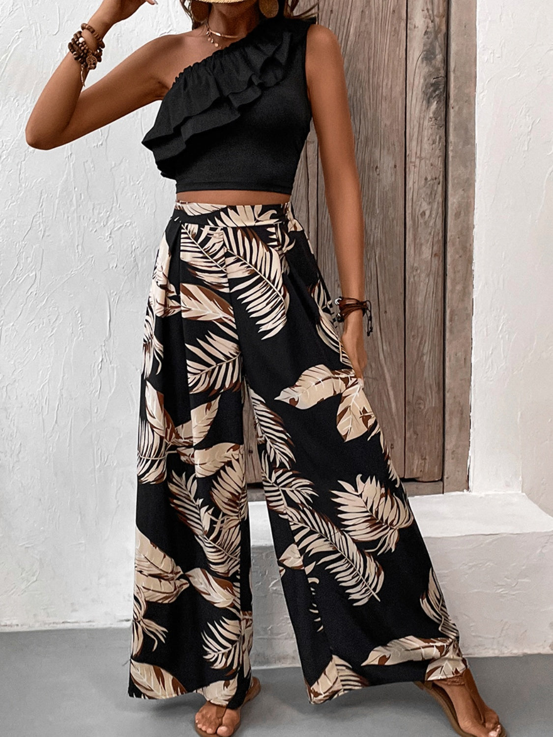 Ruffled Sleeveless Top and Printed Pants Set Coco’s Tee Boutique