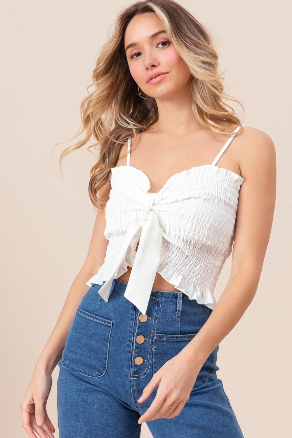 BiBi Ruffled Smocked Ribbon Detail Cami.