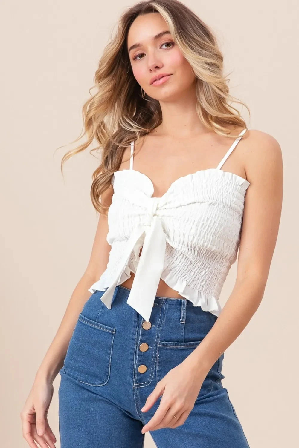 BiBi Ruffled Smocked Ribbon Detail Cami Coco’s Tee Boutique