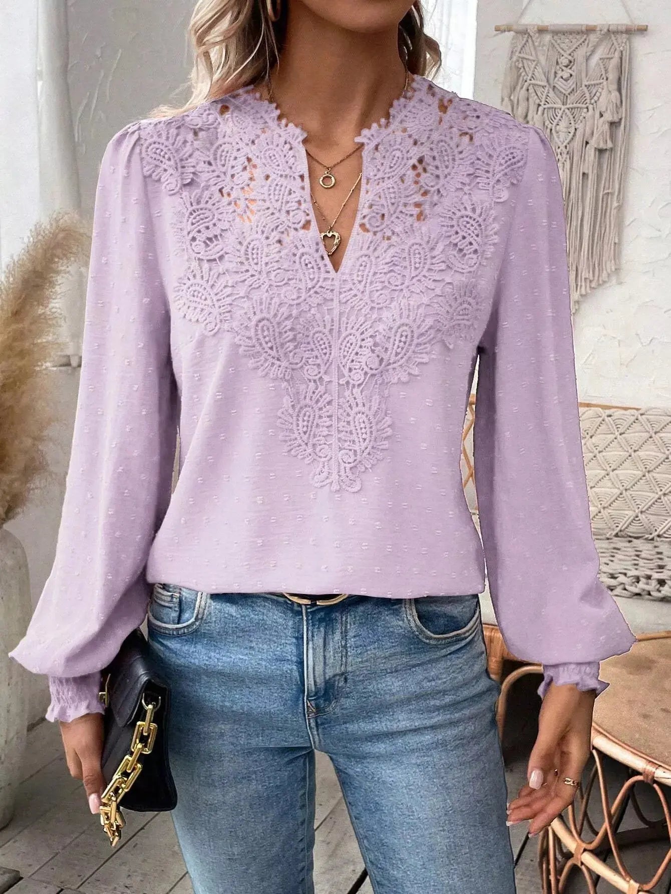 Lace Trim Long Sleeve Blouse Simply Love