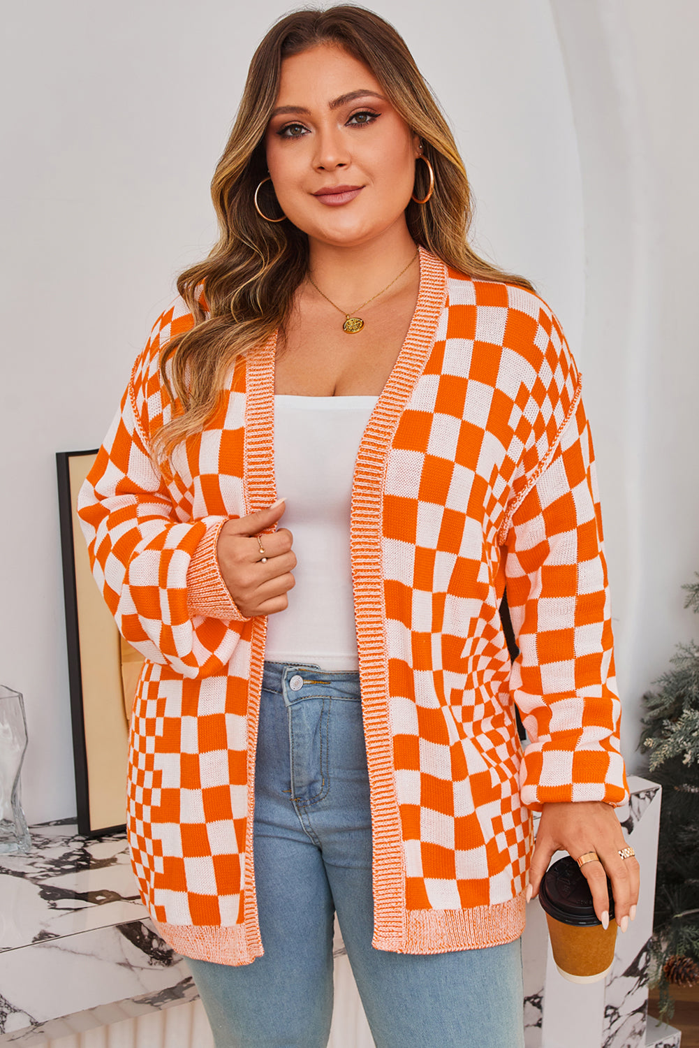 Orange Checkered Bubble Sleeve Drop Shoulder Open Cardigan Dear-Lover Dropshipping