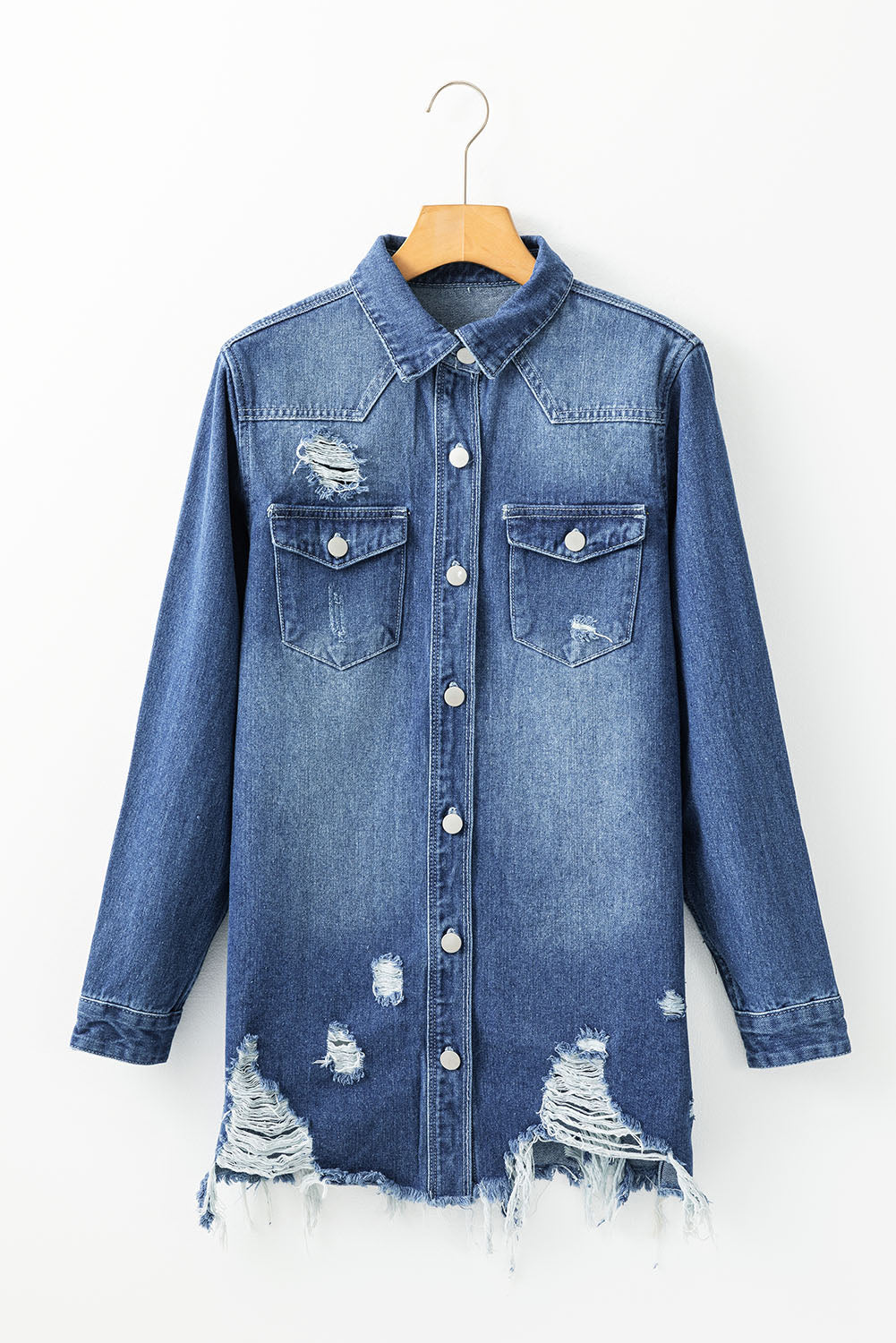 Sky Blue Light Wash Distressed Frayed Long Denim Jacket Love Salve