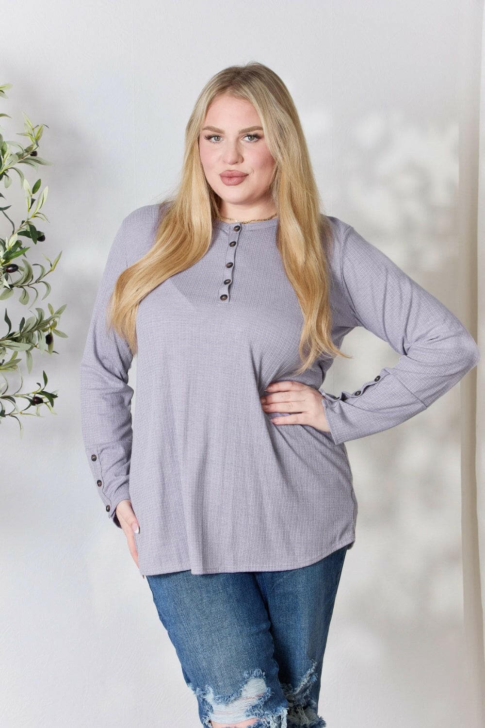 Heimish Full Size Texture Half Button Long Sleeve Top.