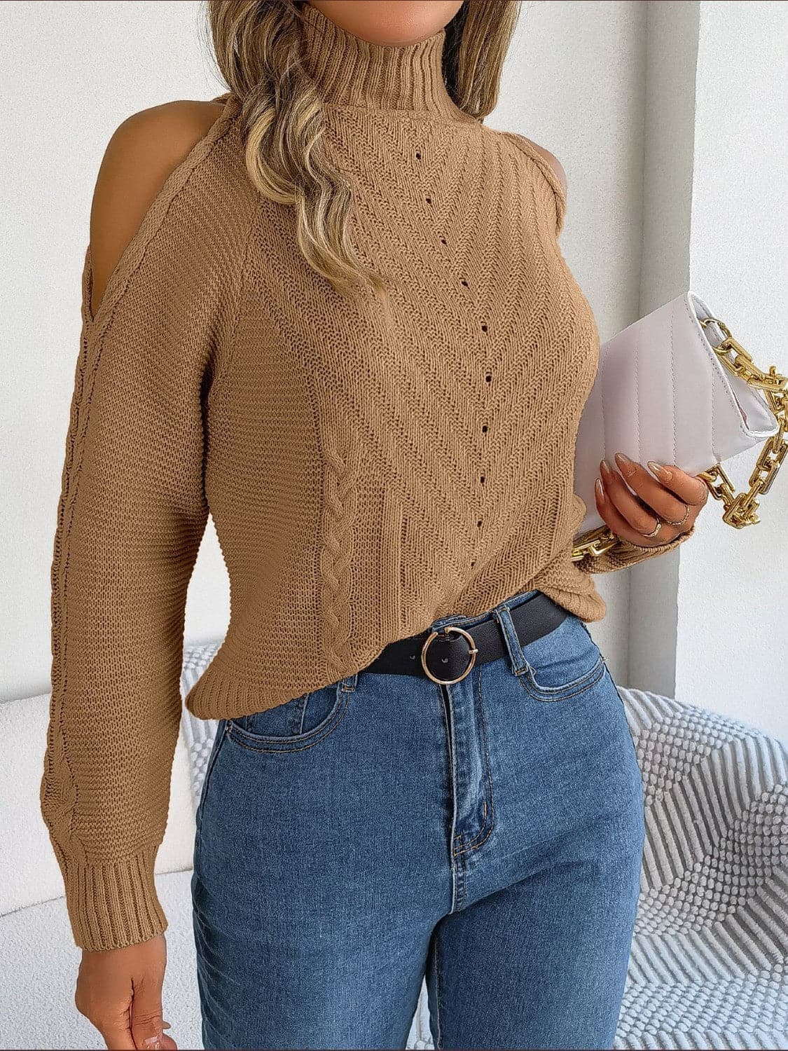 Cable-Knit Turtleneck Cold Shoulder Sweater.