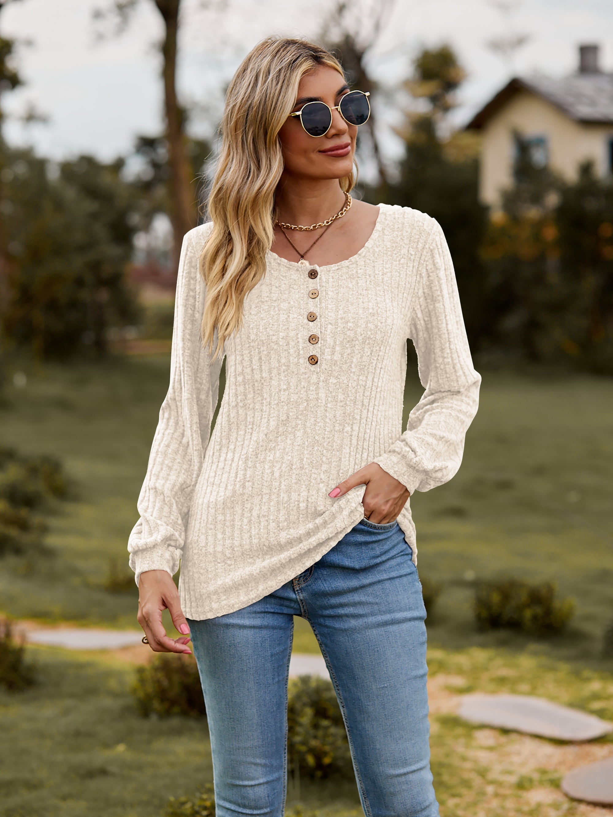 Round Neck Button-Down Long Sleeve Tee Coco’s Tee Boutique