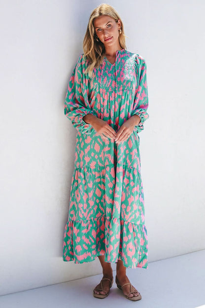 Floral smocked tie neck long sleeve dress