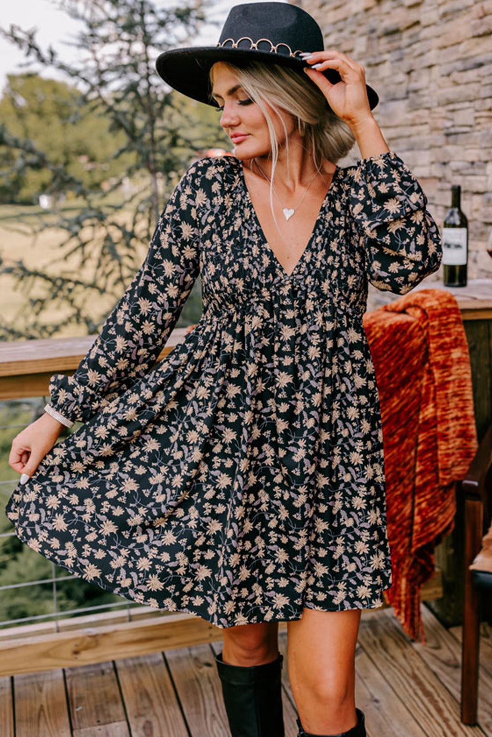 Black Floral Deep V Neck Smocked Bust Sleeve Babydoll Dress