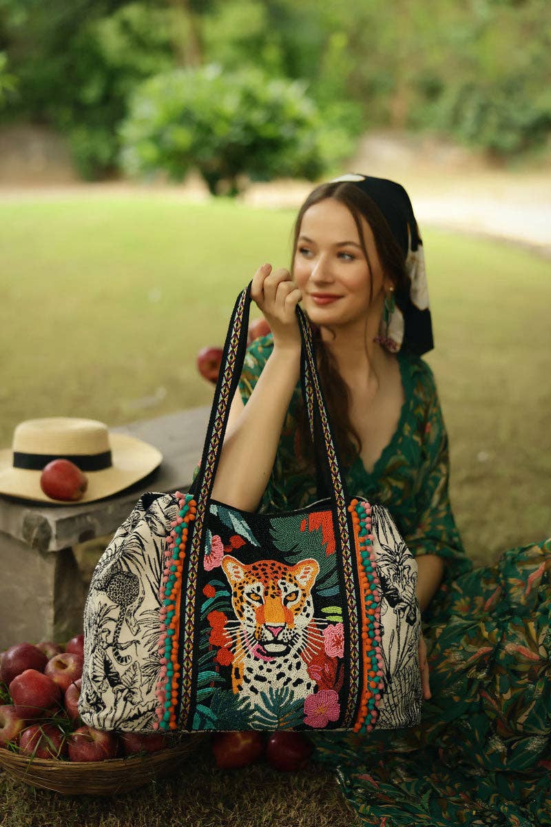 Tropical Leopard Embellished Tote With Luxe Cotton Jacquard Fitkitty Culture Athleisure Wear, Yoga Wear & Women's Clothing