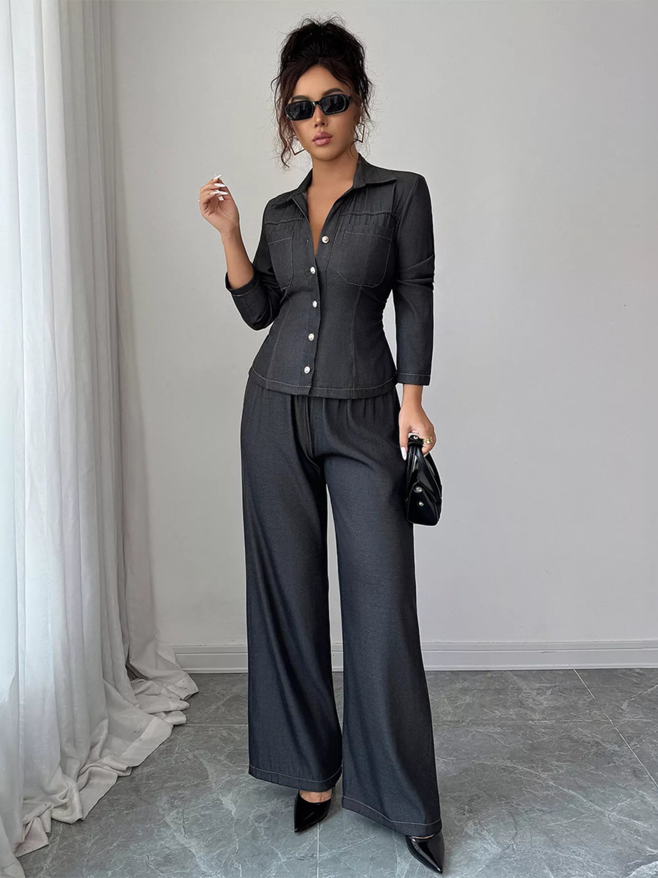 Button-Up Shirt & Wide Leg Pants Set Simply Love