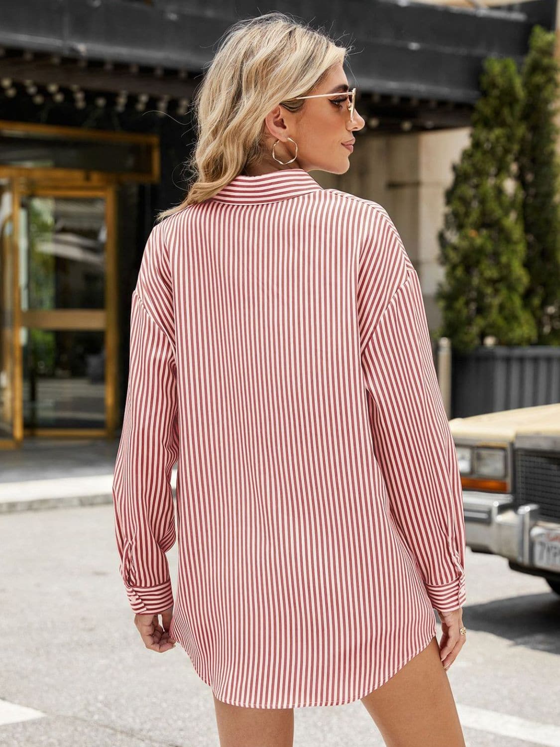 Pocketed Striped Collared Neck Long Sleeve Shirt.