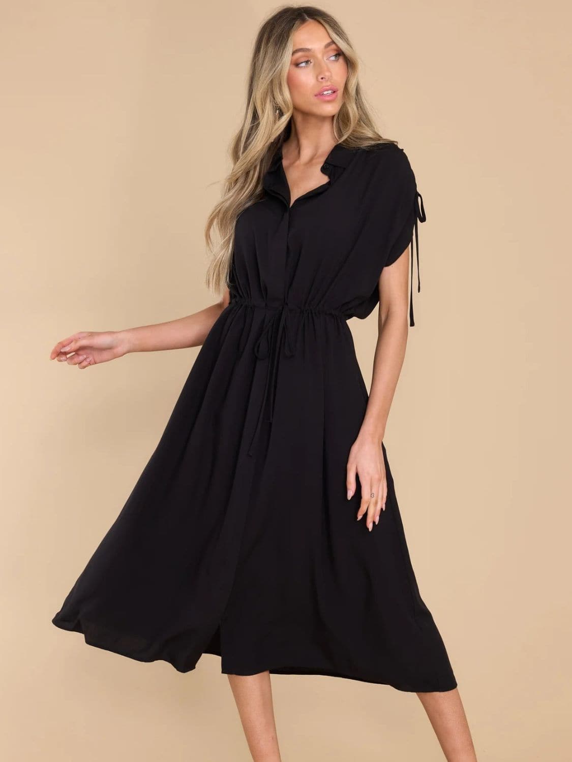 Drawstring Collared Neck Short Sleeve Midi Dress.