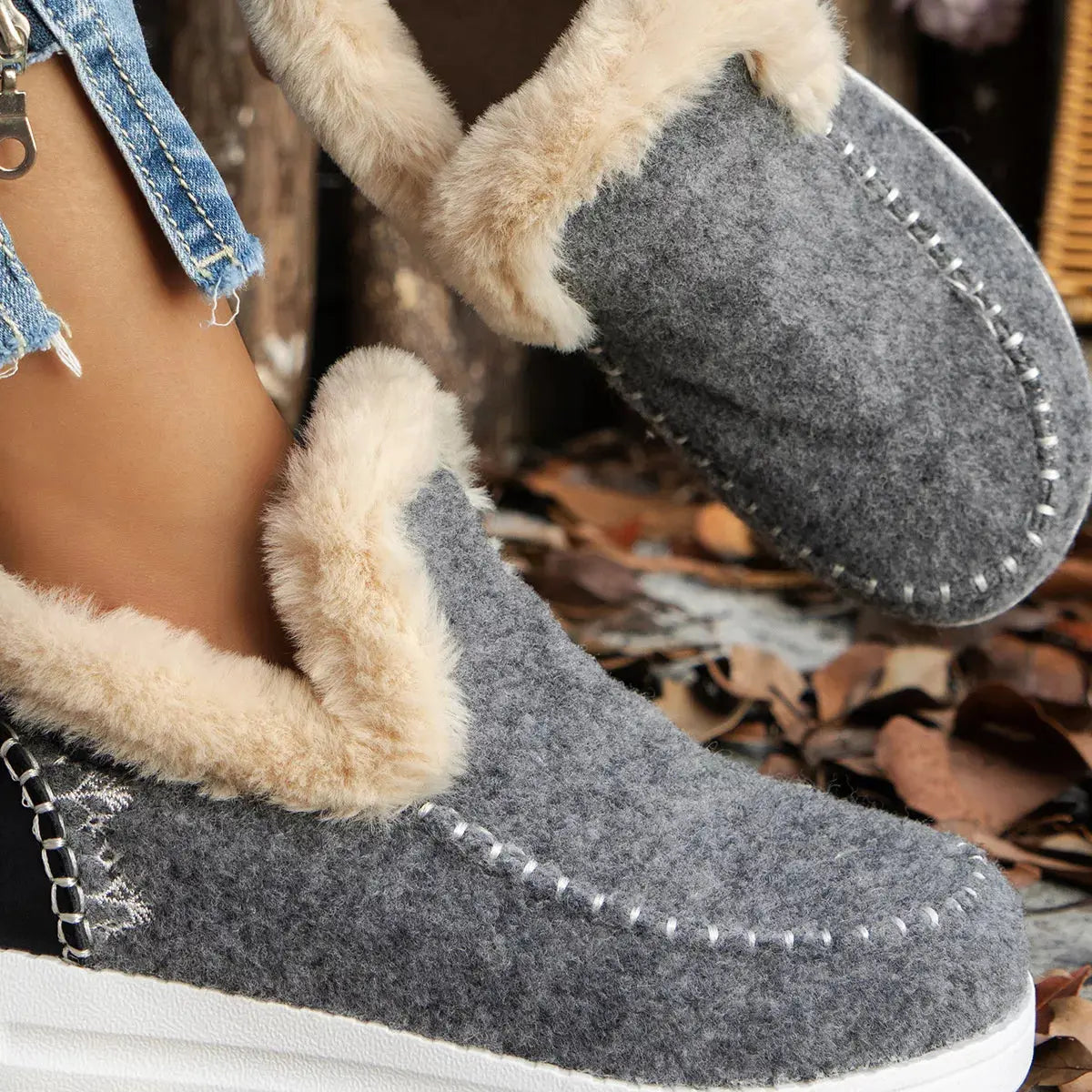 Cozy Fur Trimmed Slip Ons Suede And Rubber Flats Warm Winter Shoes Simply Love