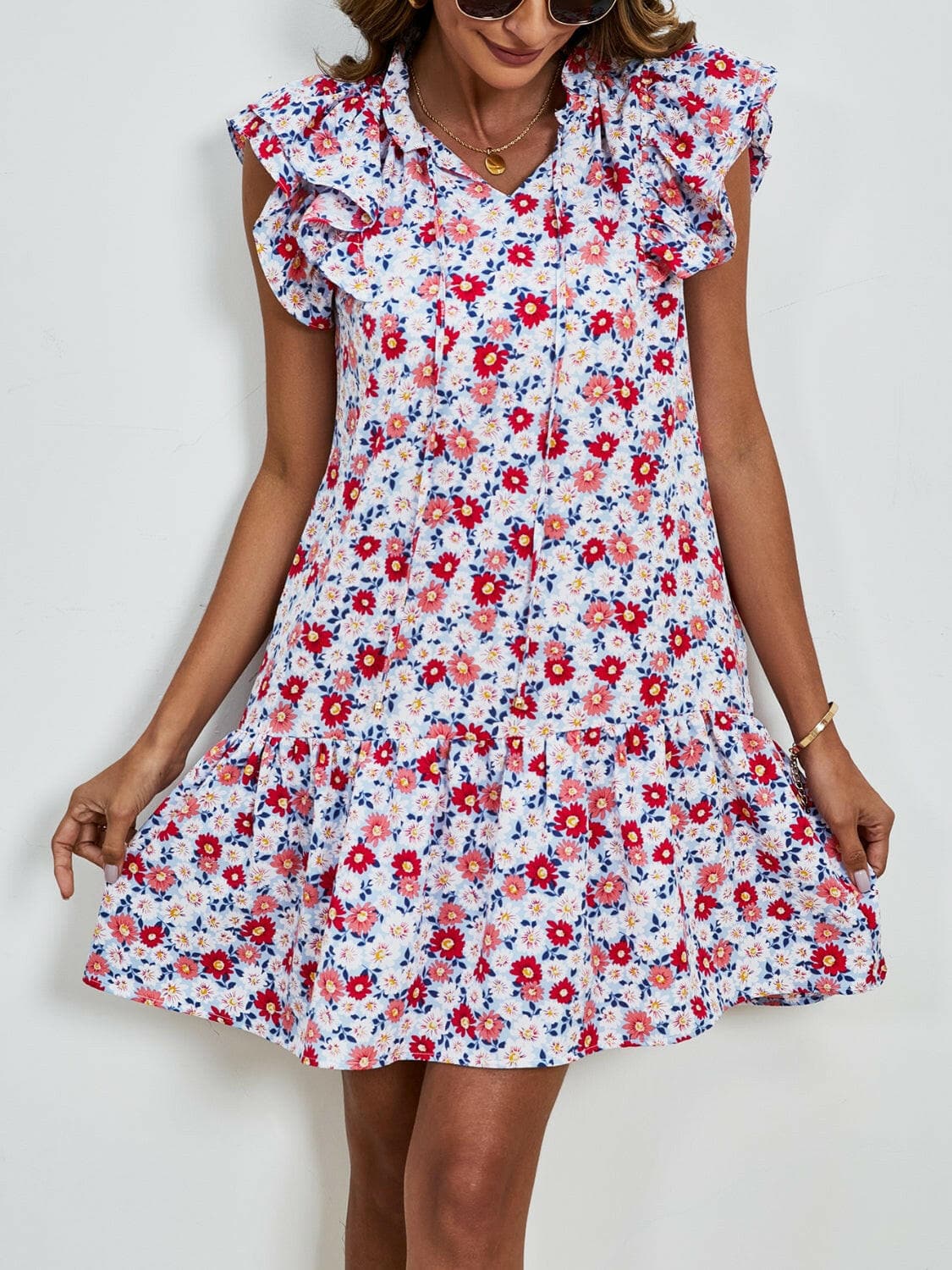 Tied Floral Cap Sleeve Mini Dress.